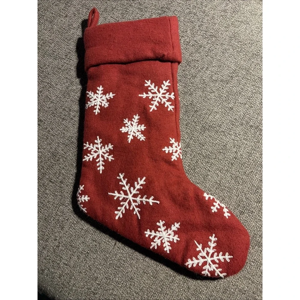 Pottery Barn Red Wool Blend Christmas Stocking Embroidered Snowflakes